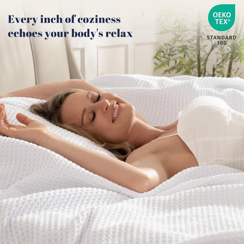 PHF بطانية قطنية مسبقة الغسل بنمط الوافل بحجم كوين للسرير، بطانية خفيفة الوزن مقاومة للتمزق للكنبة، مناسبة لفصل الربيع والصيف، قابلة للتنفس، معتمدة من Oeko-TEX، قابلة للغسل في الغسالة، هدية لديكور المنزل - أبيض - Image 3