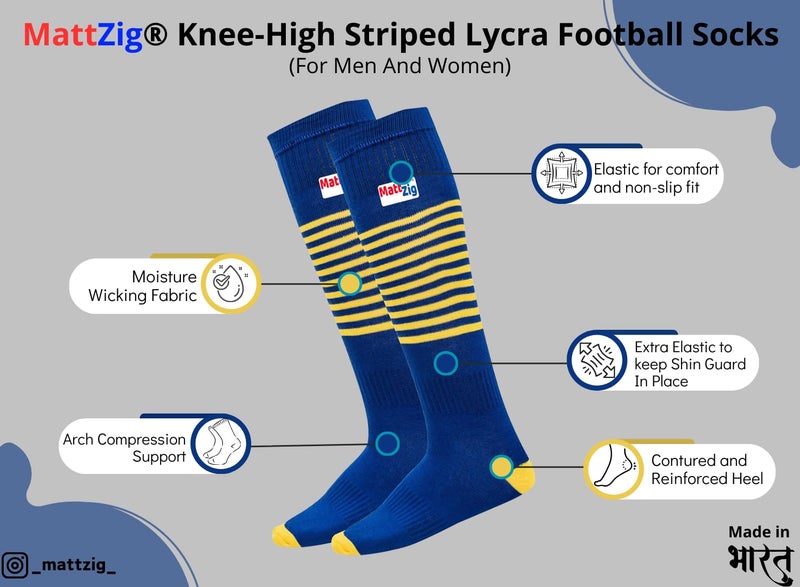 MATTZIG ® Club Football Kit (One Pair of Striped Lycra Socks + One Pair of Shin Guard + One Pair of Cotton Arm Sleeves + One Kit Bag) (Blue, Yellow) - Image 2