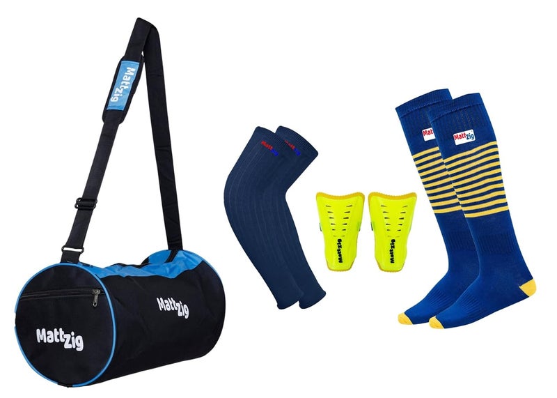 MATTZIG ® Club Football Kit (One Pair of Striped Lycra Socks + One Pair of Shin Guard + One Pair of Cotton Arm Sleeves + One Kit Bag) (Blue, Yellow) - Image 1