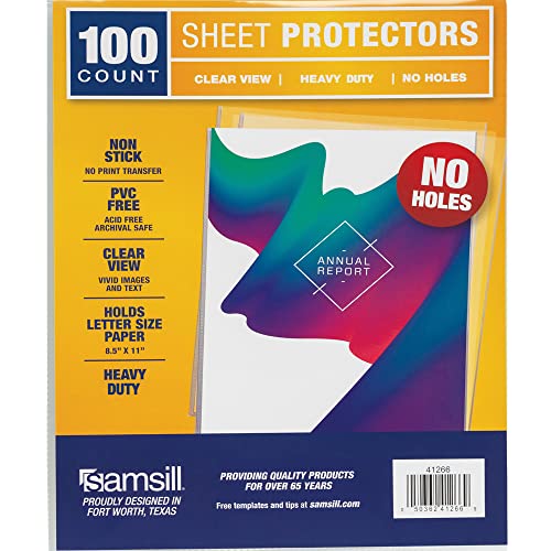 Samsill No Holes Sheet Protectors, 100 Pack, 8.5 x 11 Inch Page Protectors for 3 Ring Binder, Heavy Duty, No Hole Protector, Letter Size, Top Loading, Acid Free - Image 1