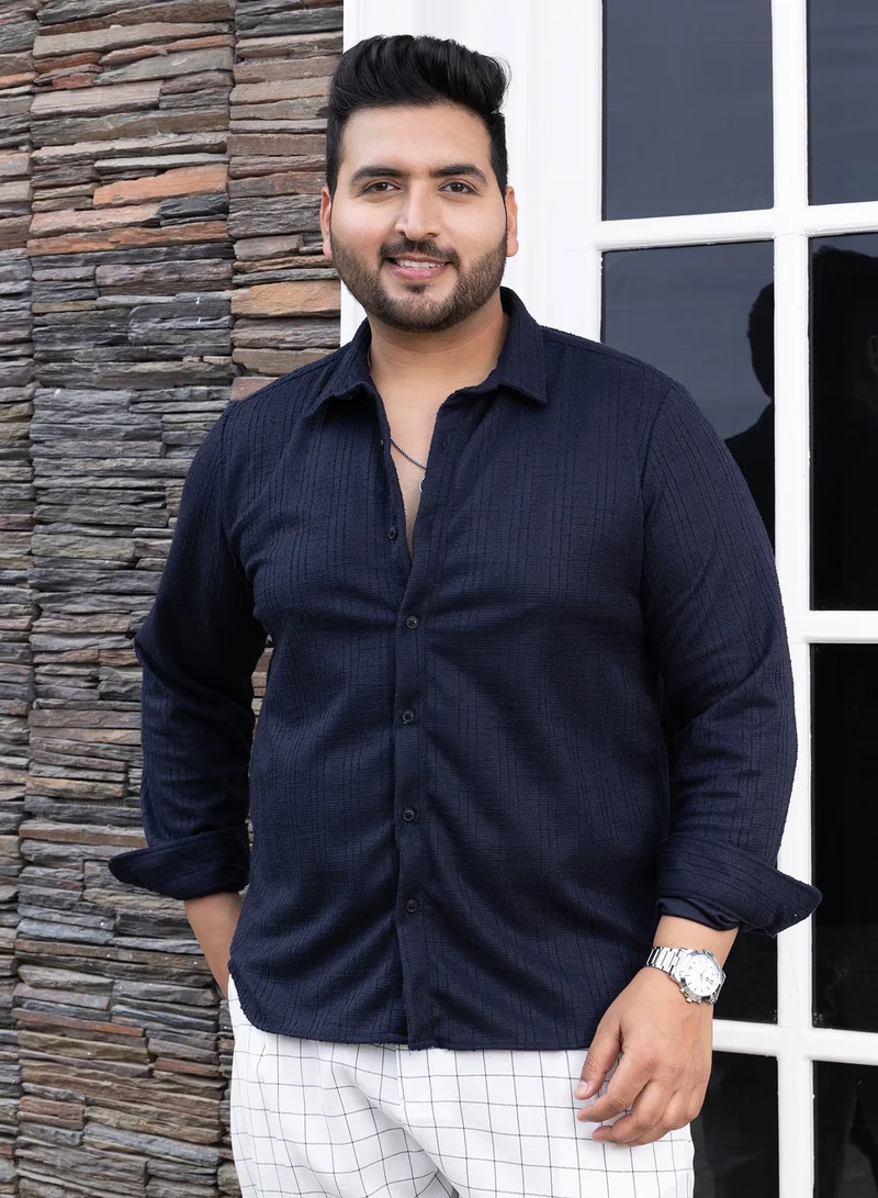 Instafab Plus Instafab Plus Men's Navy Blue Tactile Regular Shirt For Casual Wear | Spread Collar | Long Cuffed Sleeves | Button Closure | Plus Size Shirt Crafted With Comfort Fit For Everyday Wear