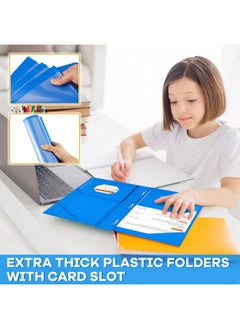 Henoyso 18 Pcs Plastic Folder With Clear Front Pocket And 3 Prong Plastic Folders With Card Slot Pocket Folders With Prongs For School Office (Blue)  - Image 4