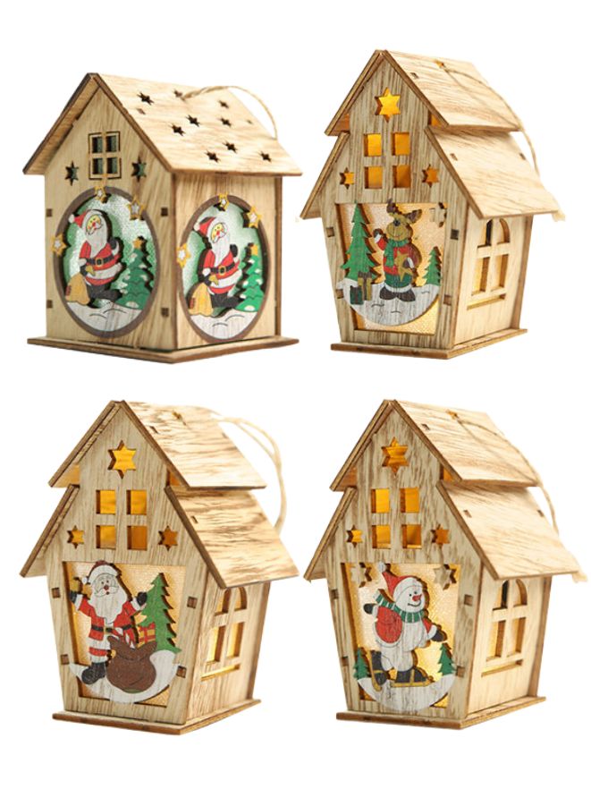 Wooden Christmas Ornaments with Lights - Festive Indoor Holiday Decorations (4 Pc Set)) - Image 1