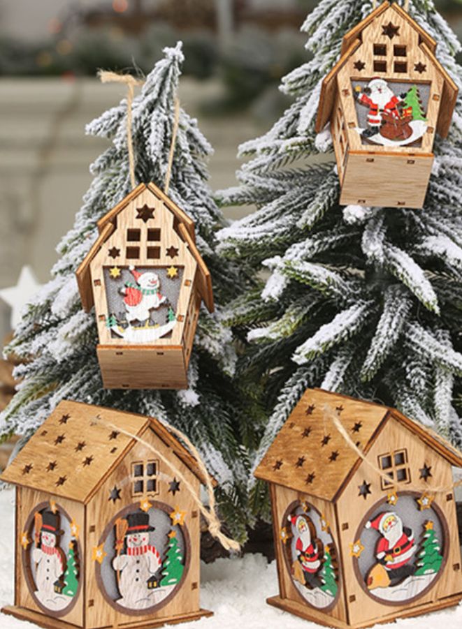 Wooden Christmas Ornaments with Lights - Festive Indoor Holiday Decorations (4 Pc Set)) - Image 2