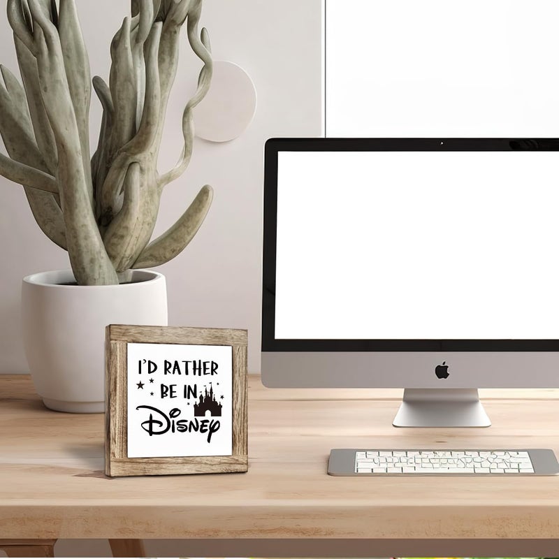ZPPRJF Farmhouse Wood Sign, I'd Rather Be In Disney Sign, Wooden Box Sign Plaque, Freestanding Disney Sign Decor, Funny Work Sign, Tabletop Decor, Office Desk Sign, Home Office Decor, Cubicle Decor - Image 3