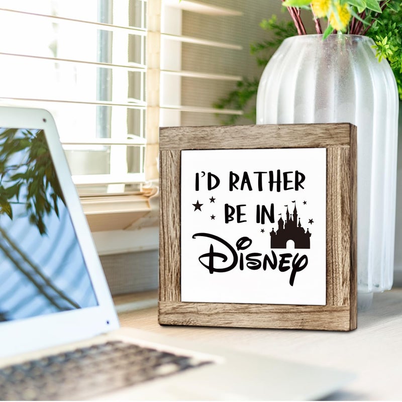 ZPPRJF Farmhouse Wood Sign, I'd Rather Be In Disney Sign, Wooden Box Sign Plaque, Freestanding Disney Sign Decor, Funny Work Sign, Tabletop Decor, Office Desk Sign, Home Office Decor, Cubicle Decor - Image 4