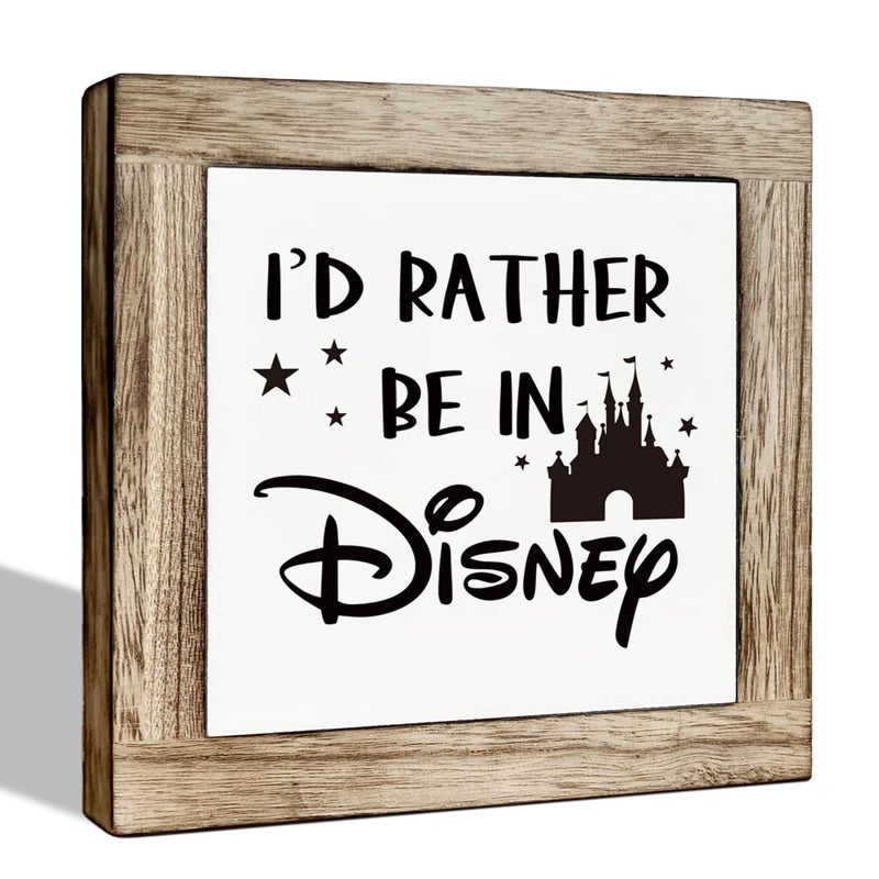 ZPPRJF Farmhouse Wood Sign, I'd Rather Be In Disney Sign, Wooden Box Sign Plaque, Freestanding Disney Sign Decor, Funny Work Sign, Tabletop Decor, Office Desk Sign, Home Office Decor, Cubicle Decor - Image 1