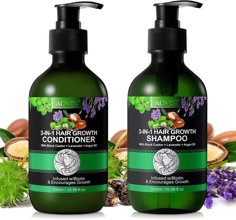 ALIVER Black Castor Biotin Shampoo and Conditioner for Hair Growth 10.56 Oz (300ml), Moisture, Strenthen and Thicken Hair, Anti Dandruff - Image 1