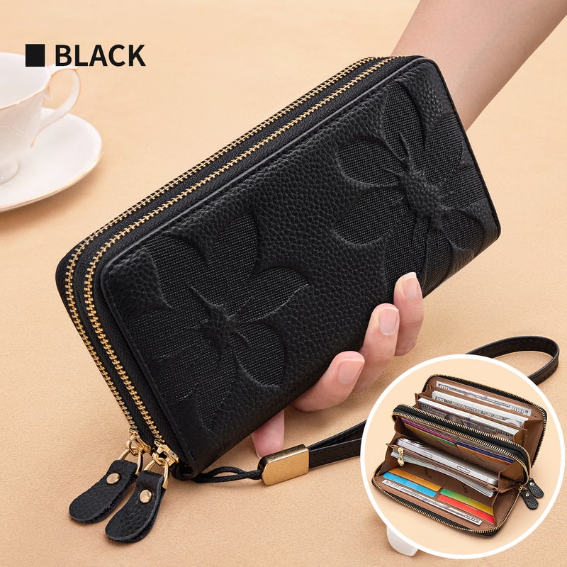 banyanu Women'S Large Capacity Double Zipper Wallet, Can Hold Cards And Mobile Phone, Features Rfid Anti-Theft Function, Wristband Design, Leather Material (Black) - Image 1