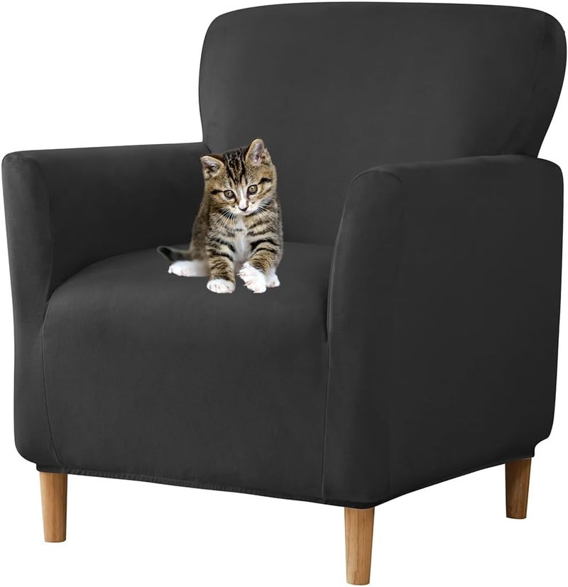 SONNACH Stretch Chair Covers with Arms 1-Piece Banquet Armchair Slipcover Velvet Mid Century Modern Armchair Slipcover Anti-Slip Furniture Protector for Living Room Friendly for Kids Pets (Black) - Image 1