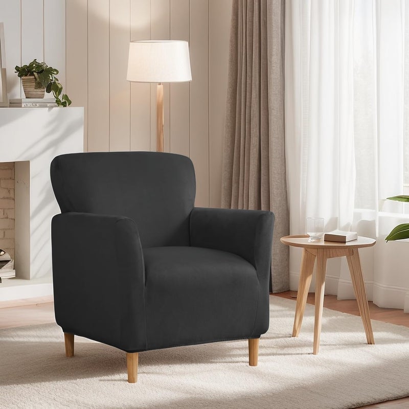 SONNACH Stretch Chair Covers with Arms 1-Piece Banquet Armchair Slipcover Velvet Mid Century Modern Armchair Slipcover Anti-Slip Furniture Protector for Living Room Friendly for Kids Pets (Black) - Image 2