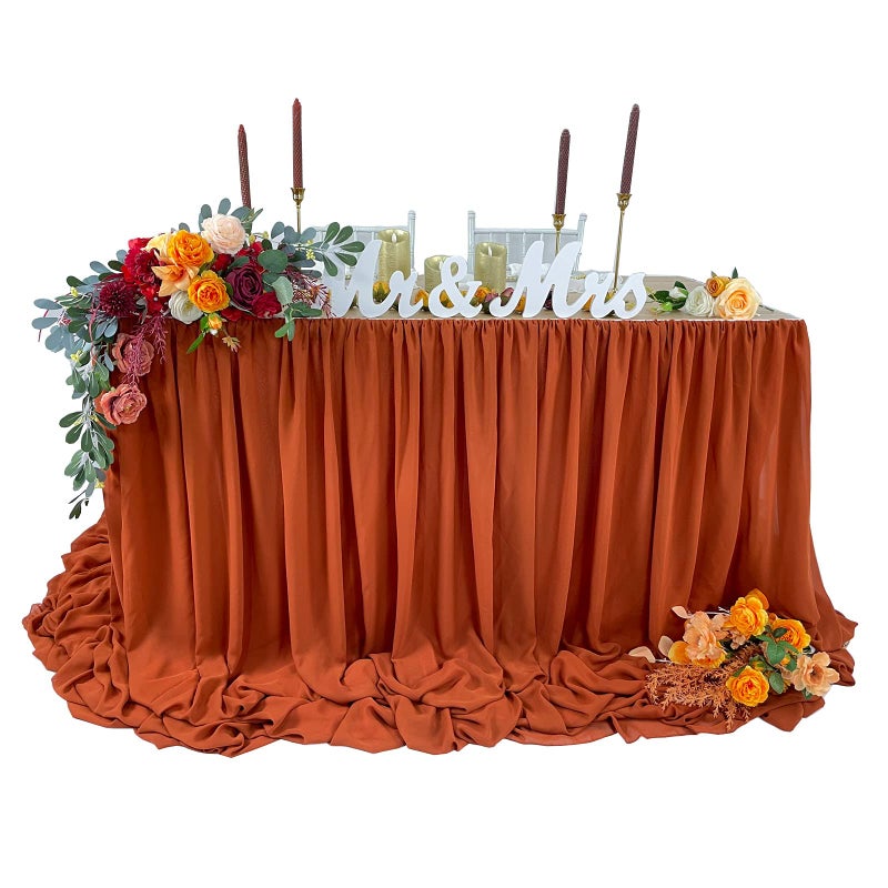 EHLDekol Pooling and Floating Chiffon Table Skirt with extra length  6FT 9FT 14FT Sheer Tablecloth  Baby Shower  Birthdays Party  Main Cake Table Decoration  Wedding Table Skirt (Terracotta  14FT)  - Image 1