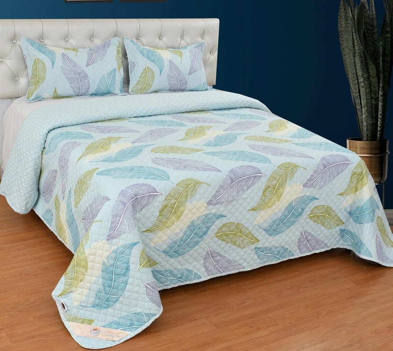 Fresh From Loom Ultrasonic 280 TC 100 Cotton Bedsheet King Size Double Bed Quilted All Season Flat Bed Sheet Supersoft Bedding Bedcover Set with 2 Pillow Covers 90x100 inches LeafSkyBlue