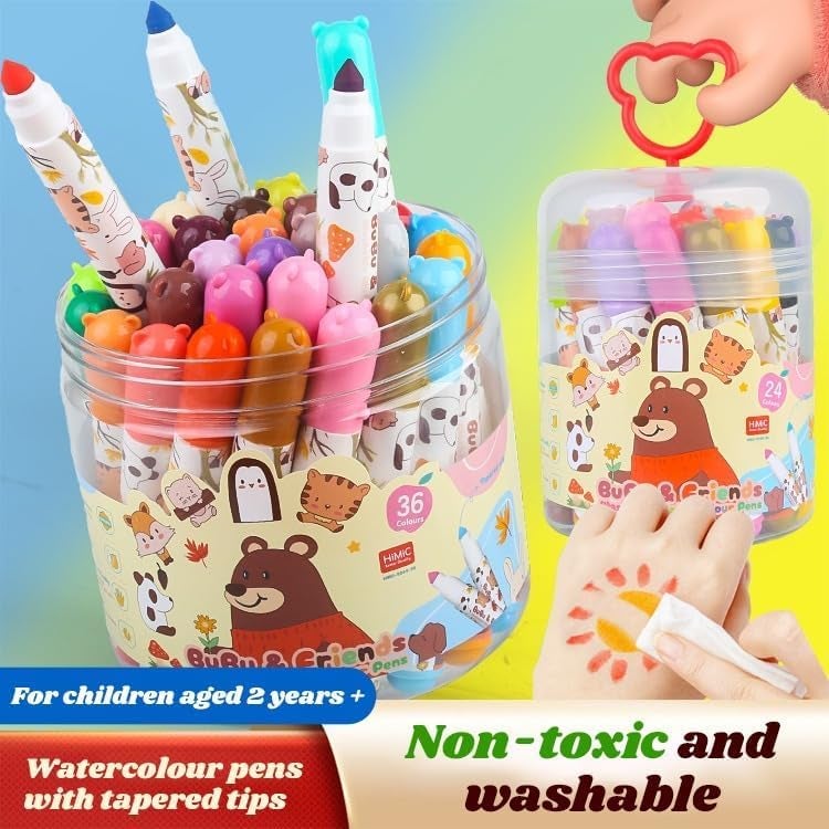 PROBABE Washable Watercolour Pens Set – 36 Assorted Vibrant Colors in Cute Animal Design, Non-Toxic, Quick-Drying, Smooth Flow Marker Pens for Kids, School Art & DIY Projects for kids - Image 3