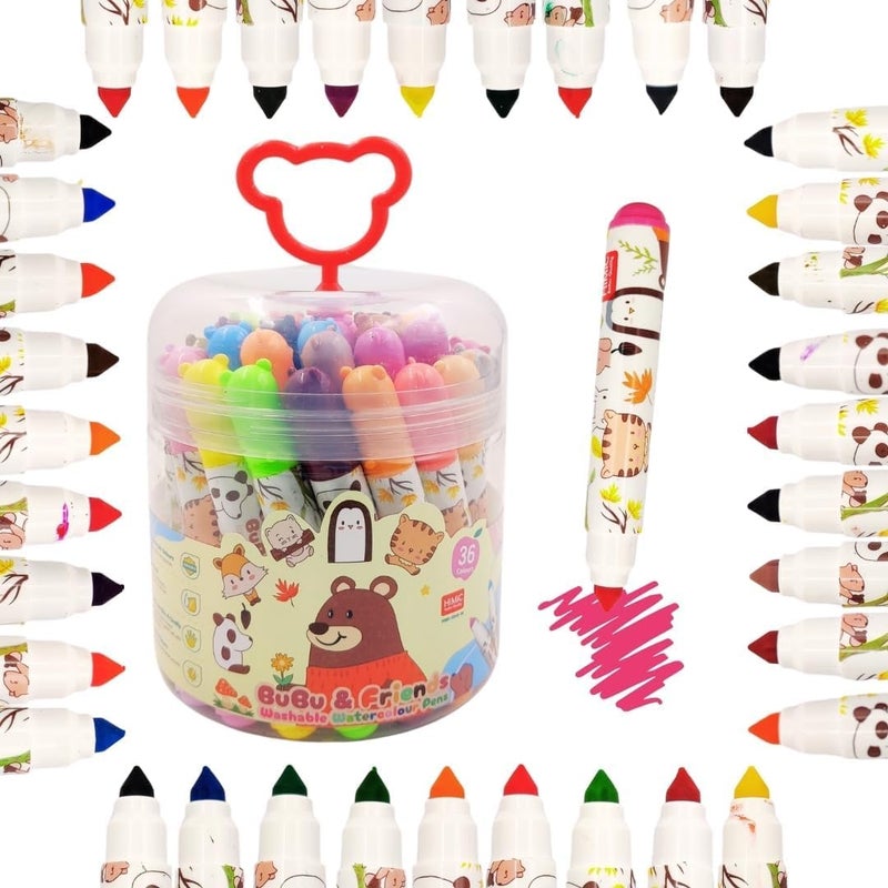 PROBABE Washable Watercolour Pens Set – 36 Assorted Vibrant Colors in Cute Animal Design, Non-Toxic, Quick-Drying, Smooth Flow Marker Pens for Kids, School Art & DIY Projects for kids - Image 1