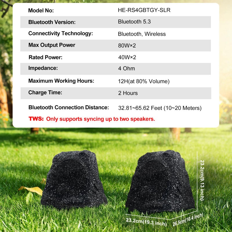 Herdio 4" Rock Bluetooth Speakers Outdoor Waterproof IPX7 Wireless Solar Max 160 Watt, TWS Connection Powered with Rechargeable Battery for Garden Patio Deck Pool Backyardï¼ˆBlackï¼Œ1Pairï¼‰ - Image 2