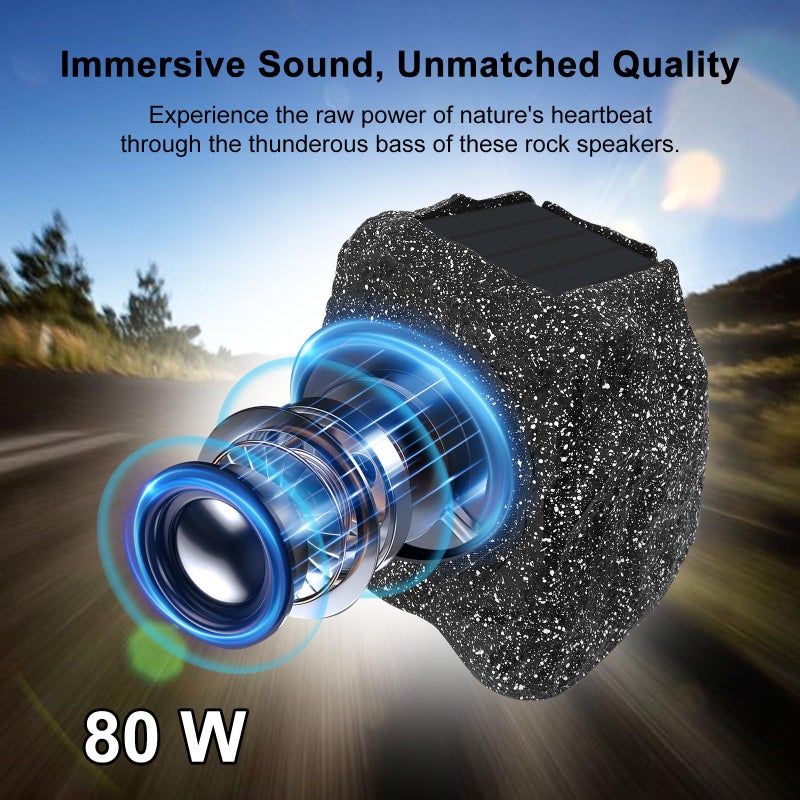 Herdio 4" Rock Bluetooth Speakers Outdoor Waterproof IPX7 Wireless Solar Max 160 Watt, TWS Connection Powered with Rechargeable Battery for Garden Patio Deck Pool Backyardï¼ˆBlackï¼Œ1Pairï¼‰ - Image 5