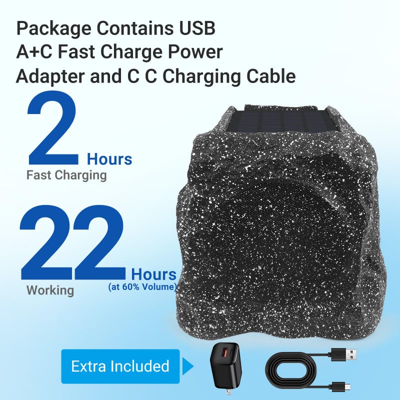 Herdio 4" Rock Bluetooth Speakers Outdoor Waterproof IPX7 Wireless Solar Max 160 Watt, TWS Connection Powered with Rechargeable Battery for Garden Patio Deck Pool Backyardï¼ˆBlackï¼Œ1Pairï¼‰ - Image 4