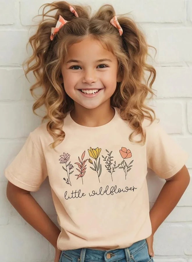 Take Two Take Two Girls Beige Flower Graphic Print T-Shirt