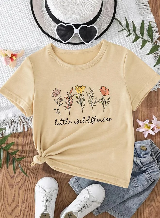 Take Two Take Two Girls Beige Flower Graphic Print T-Shirt