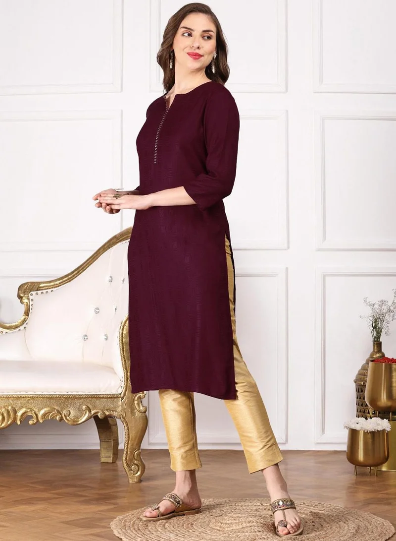 آي شين Women's Wine Dobby Printed Tunic Regular Fit Kurta