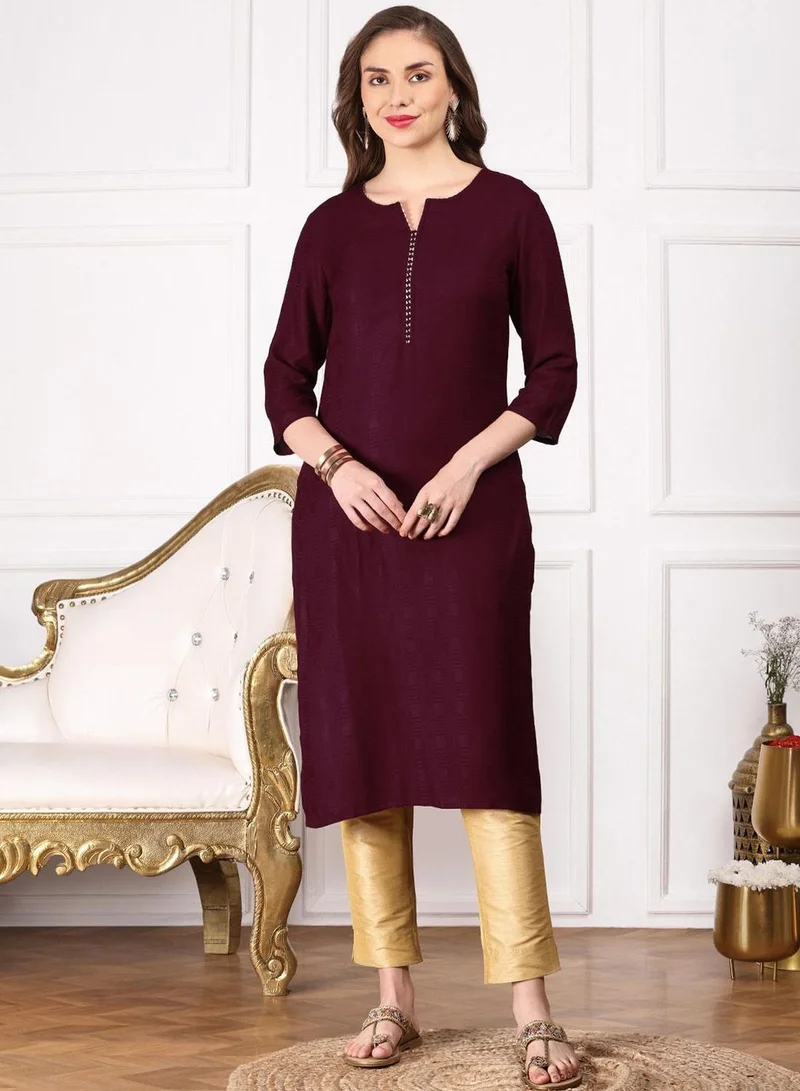 آي شين Women's Wine Dobby Printed Tunic Regular Fit Kurta