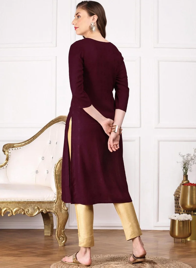 آي شين Women's Wine Dobby Printed Tunic Regular Fit Kurta