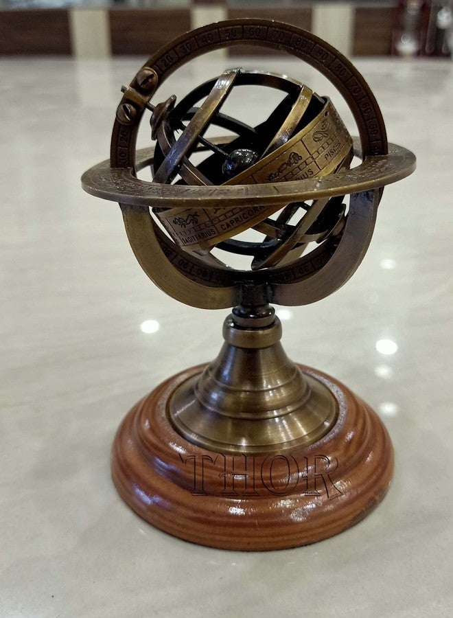 THOR INSTRUMENTS Engraved Brass Tabletop Armillary Nautical Sphere World Globe With Base Table Decor Gift (Antique Brass, 5 Inches) Rustic Vintage Home Decor Gifts - Image 1
