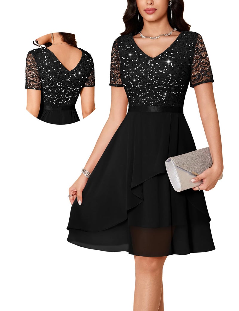 MUADRESS Women's Wedding Guest Dress for Cocktail A-Line Lace Sequin Chiffon Prom Dresses with V-Neck Black S - Image 1