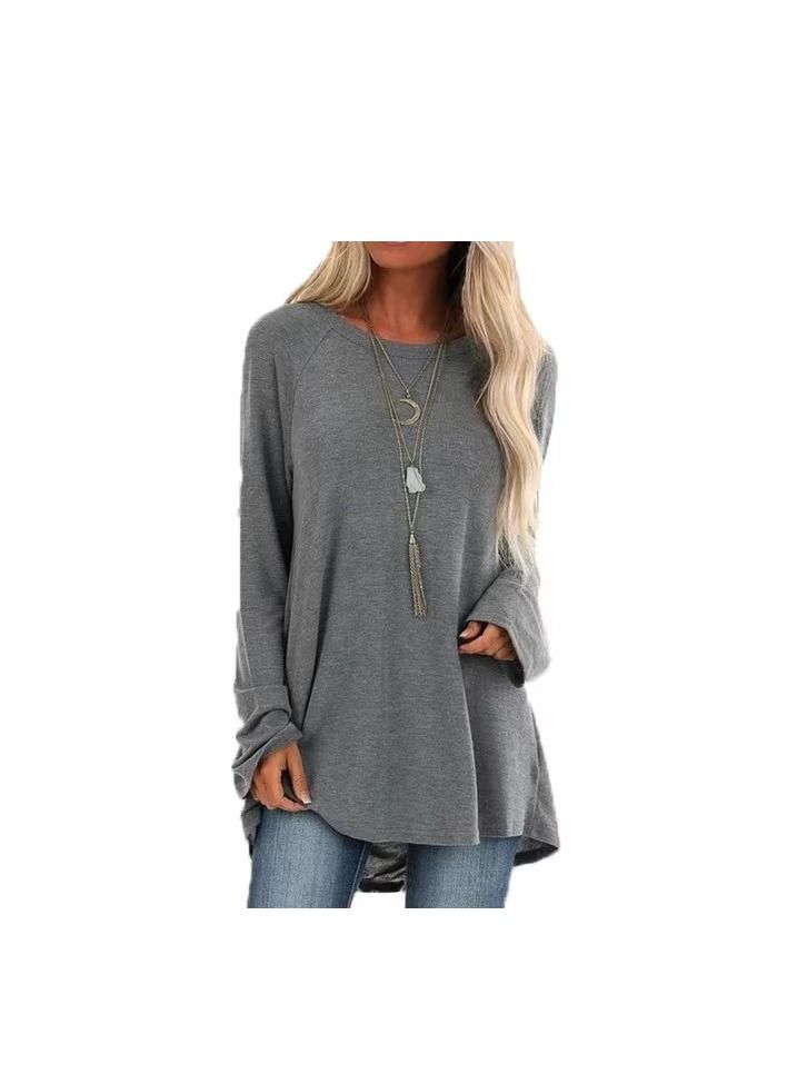 Loquat Solid Color Casual Medium Length Round Neck Long Sleeve Jumper T-shirt