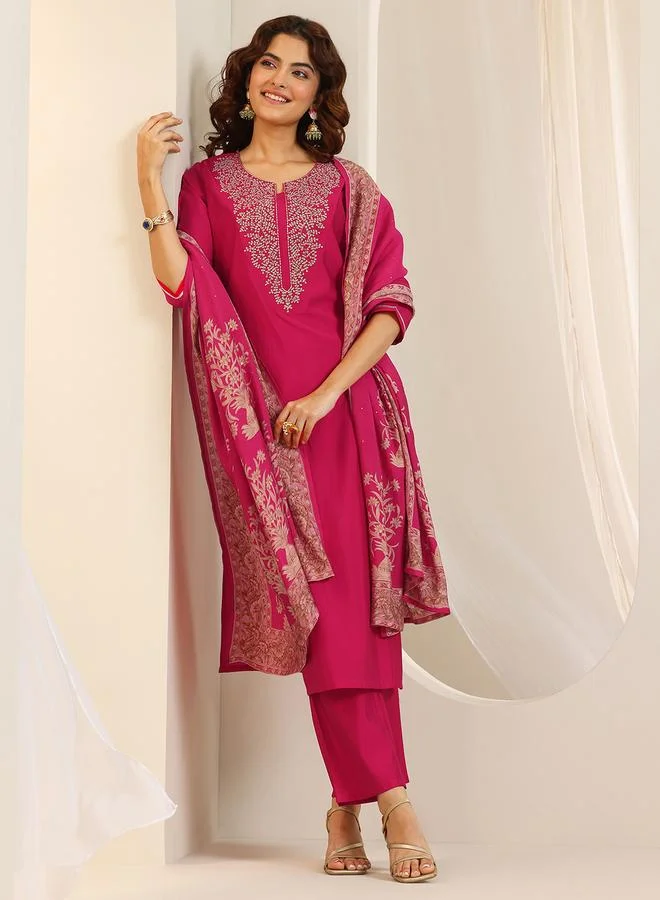 Libas Pink Yoke Design Rayon Straight Kurta, Trousers and Dupatta Set