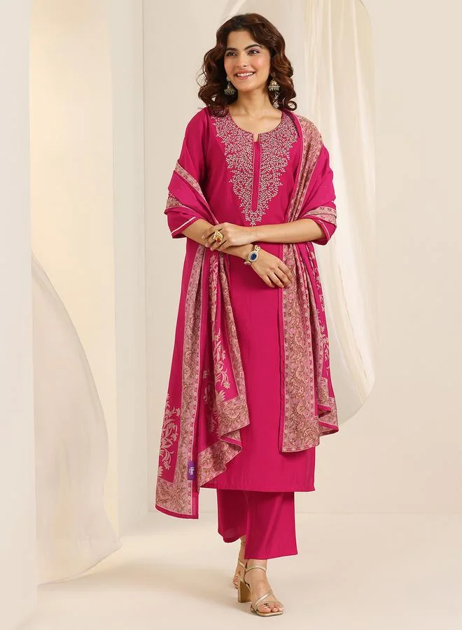 Libas Pink Yoke Design Rayon Straight Kurta, Trousers and Dupatta Set