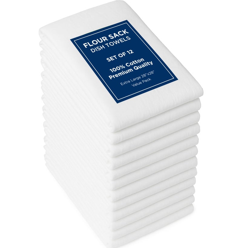ROYALE LINENS Flour Sack Dish Towels  Kitchen Towel  Super Absorbent Flour Sack 100 Ring Spun Cotton Tea Towels  for Embroidery Cloth Diapers Cheese Strainers White  28 X 28 Pack of 12