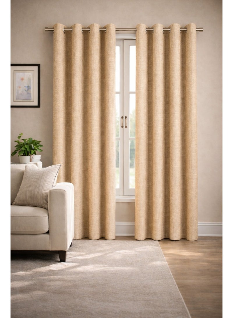 Premium Beige Eyelet Window Curtains Set of 2 Panels with Accessories, Linen Look Single Layer Fabric Drapes for Living Room Bedroom Office Home Decor Various Sizes