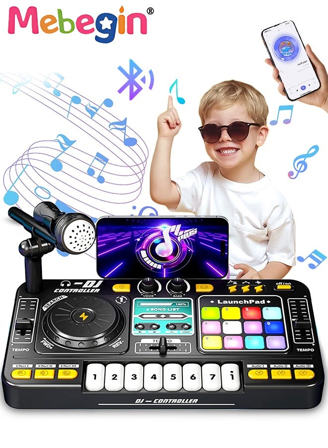 MEBEGIN DJ Mixer for Kids, DJ Table with 8 Piano Keys and 12 Sound Effect Keys, Musical Toy with Lights and Built in Microphone, DJ Disc Controller with Bluetooth and Recording Function, Ideal Gift for Kids, 35.5*21*9.5cm - Image 1
