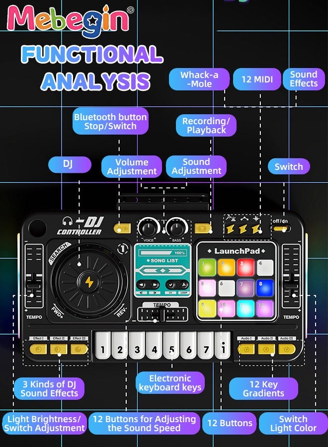 MEBEGIN DJ Mixer for Kids, DJ Table with 8 Piano Keys and 12 Sound Effect Keys, Musical Toy with Lights and Built in Microphone, DJ Disc Controller with Bluetooth and Recording Function, Ideal Gift for Kids, 35.5*21*9.5cm - Image 5