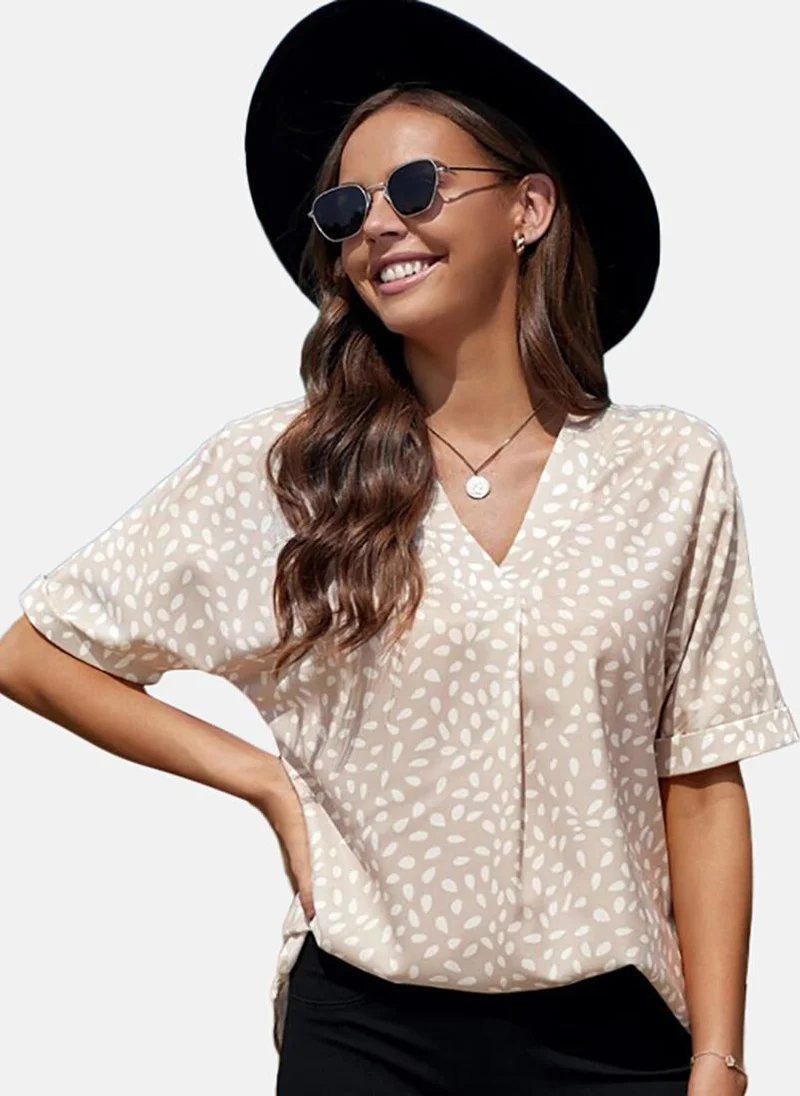 YUNIQEE Beige Printed Short Sleeve V Neck Tunics