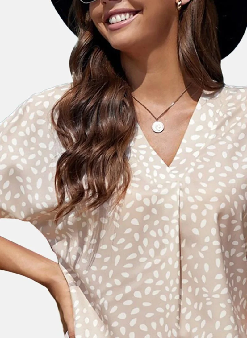 YUNIQEE Beige Printed Short Sleeve V Neck Tunics