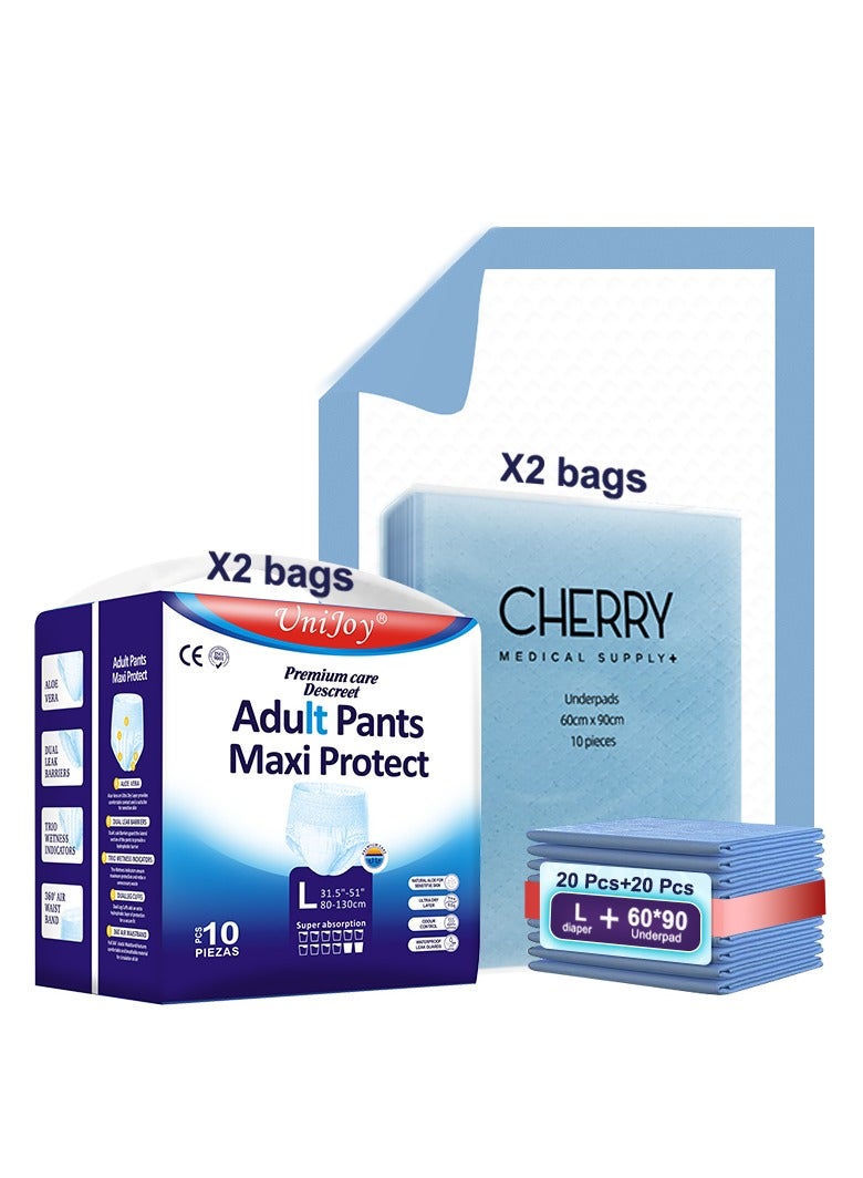 يوني جوي 20 قطعة من حفاضات الكبار القابلة للسحب على شكل بنطلون كبير - مقاس كبير جدًا (مقاس الخصر 80 سم - 130 سم) بالإضافة إلى 20 قطعة من الوسادات الداخلية التي تستخدم لمرة واحدة مقاس 60 سم × 90 سم ذات قدرة امتصاص وحماية من التسرب للجنسين - Image 1