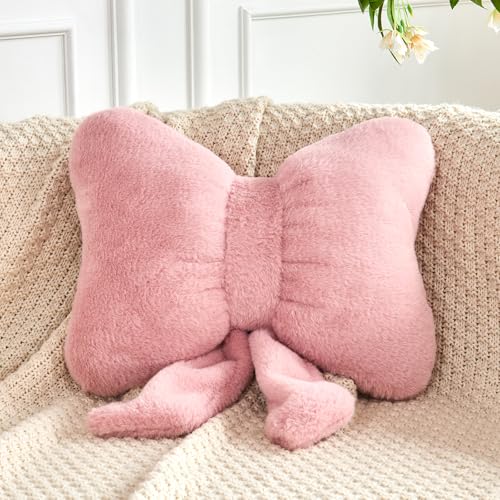 XVTRU Dusty Pink Bow Pillow Soft Bow Decorative Pillows with Faux Rabbit Fur Cute 12 Bow Throw Pillows Aesthetic Home Decor Bow Shaped Plush Pillow for Bedroom Sofa Couch - Image 1
