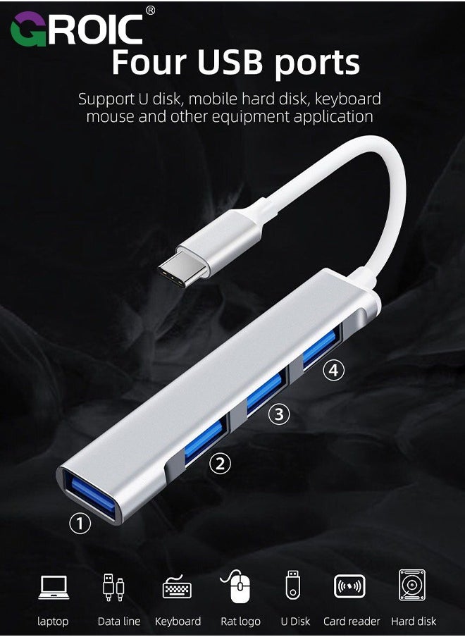 GROIC - 4 منافذ USB موسع، USB 3.0 عالي السرعة وUSB 2.0 محور منافذ USB متعدد، منفذ USB خارجي من سبائك الألومنيوم لأجهزة الكمبيوتر المحمول، ماك، أجهزة الكمبيوتر الشخصية، منفذ USB متعدد محمول ومحور USB للكمبيوتر - Image 1