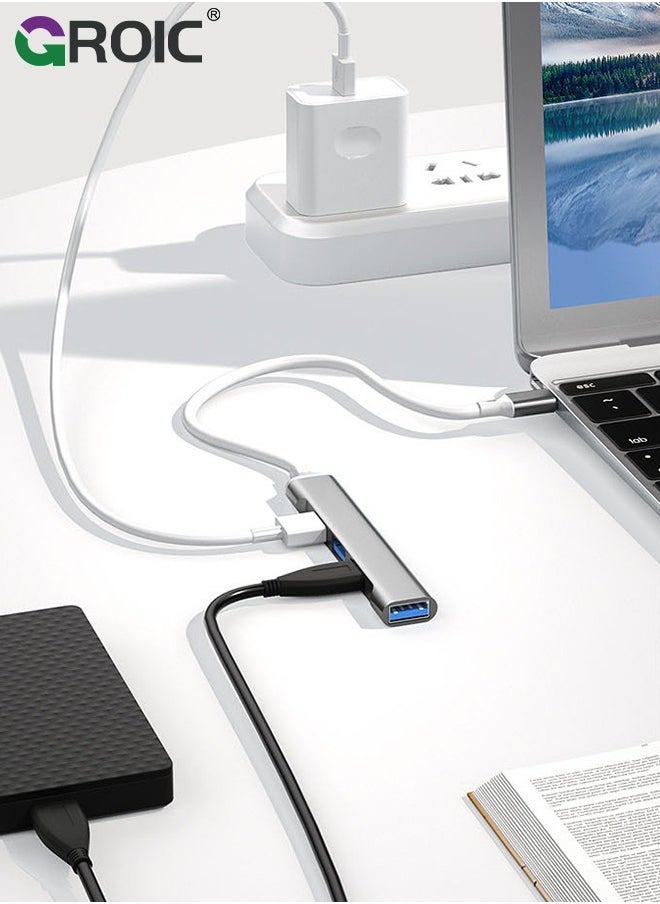 GROIC - 4 منافذ USB موسع، USB 3.0 عالي السرعة وUSB 2.0 محور منافذ USB متعدد، منفذ USB خارجي من سبائك الألومنيوم لأجهزة الكمبيوتر المحمول، ماك، أجهزة الكمبيوتر الشخصية، منفذ USB متعدد محمول ومحور USB للكمبيوتر - Image 1