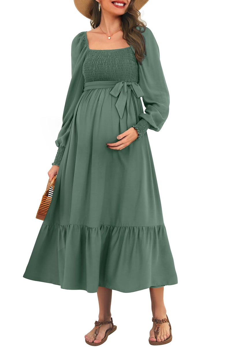 Talisea Maternity Dress for Baby Shower 2025 Fall Spring Easter Pregnancy Photoshoot Green Smocked Long Sleeves Wedding Guest Dress - Image 1