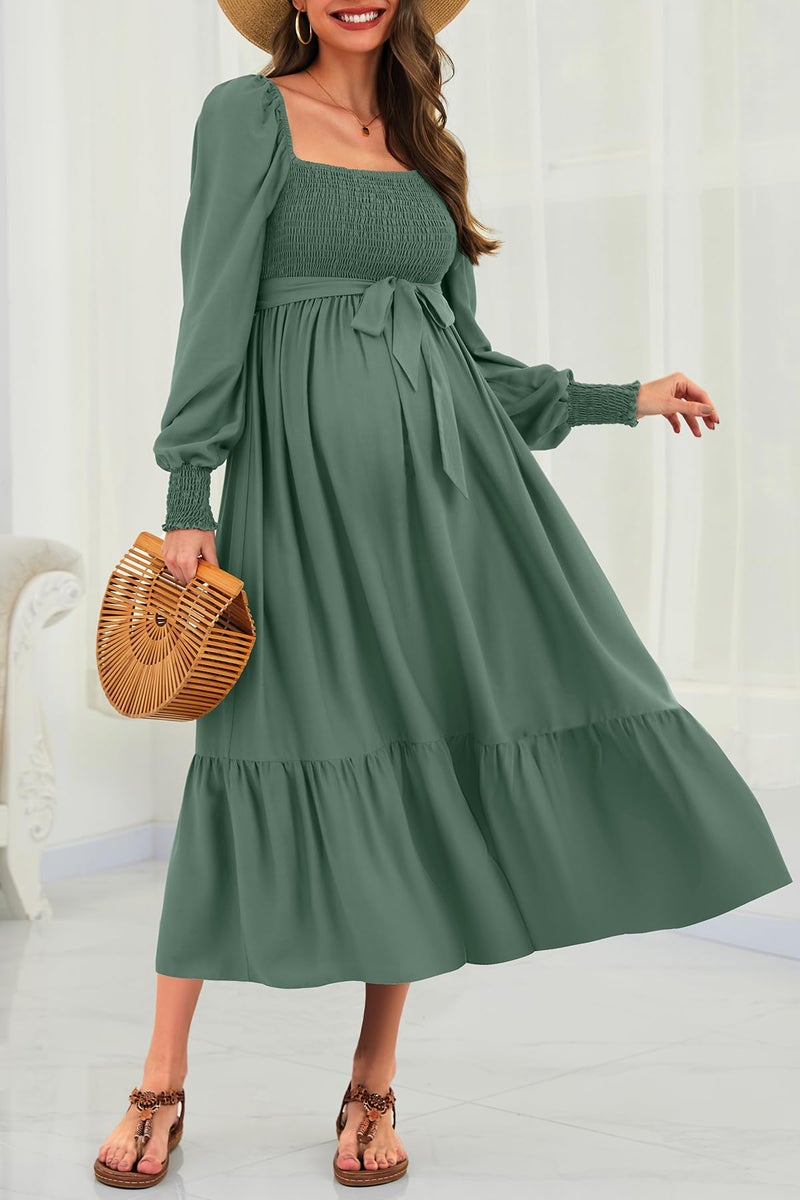 Talisea Maternity Dress for Baby Shower 2025 Fall Spring Easter Pregnancy Photoshoot Green Smocked Long Sleeves Wedding Guest Dress - Image 2
