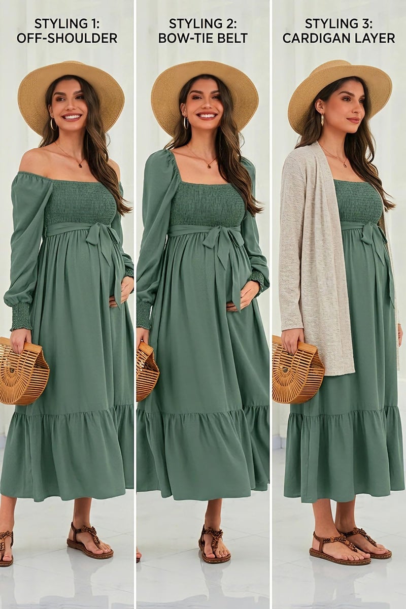 Talisea Maternity Dress for Baby Shower 2025 Fall Spring Easter Pregnancy Photoshoot Green Smocked Long Sleeves Wedding Guest Dress - Image 5