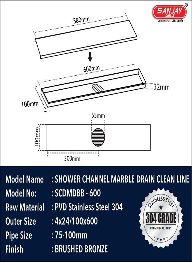 SANJAY CHILLY Colour Collection Marble Drainer Shower Channel 21MM Tile Insert Floor Drain Strainer with Cockroach Trap for Bathroom GRATINGS SS 304 Grade (Center Hole - Brushed Bronze 24x4 INCH) - Image 3