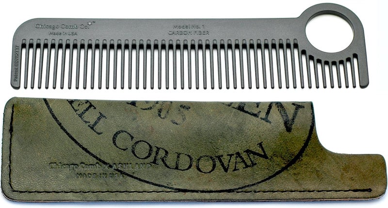 Chicago Comb Model 1 Carbon Fiber Comb  Olive Shell Cordovan Horween leather sheath Made in USA ultimate pocket  travel comb smooth strong  light antistatic premium American leather