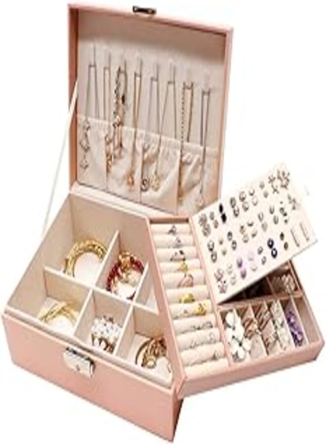 RUMIXI Jewellery Box Girls Ladies Jewellery Storage Travel Small Jewellery Box 2 Layers PU Leather Jewellery Box Velvet Jewellery Box with Key for Rings Earrings Bracelets Necklaces (Pink)
