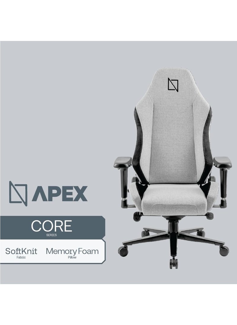 نافو - كرسي ألعاب Navodesk Apex Core، نسيج ناعم، وسائد أسفل الظهر والرقبة لدعم إضافي، مساند ذراع رباعية الأبعاد، هيدروليكي من الفئة 4 مع قاعدة عجلات 5 نجوم، آلية إمالة بزاوية 90-135 درجة، رمادي | APEXCR-SK-GY - Image 1