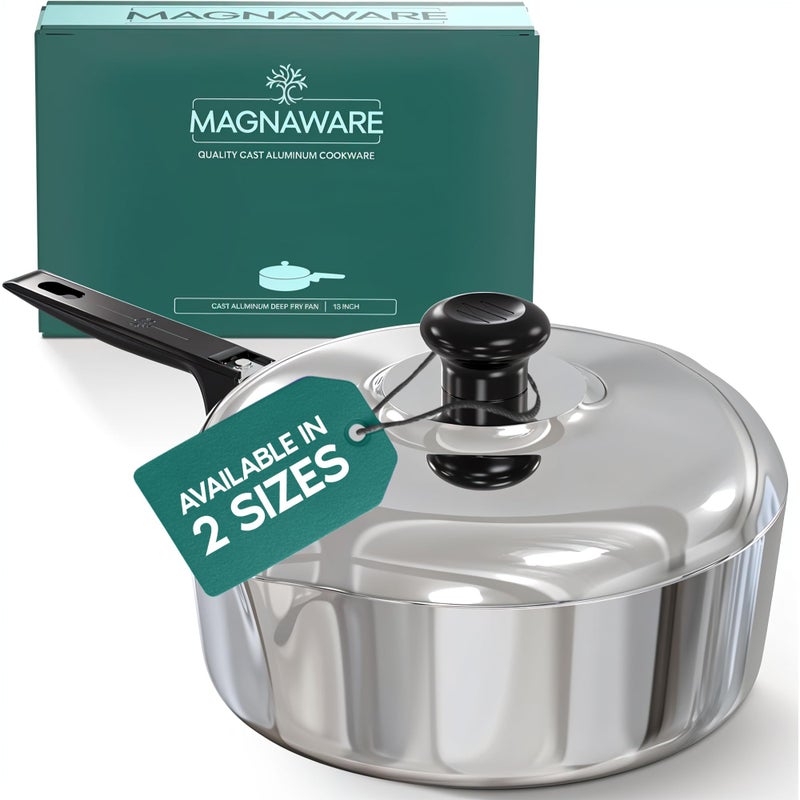 MAGNAWARE Cast Aluminum Saut Pan with Lid 12 inch  Oven Safe Deep Frying Pan with Lid Two Side Spouts and Ergonomic StayCool Handle for Comfortable Grip and Pouring 4 Quart